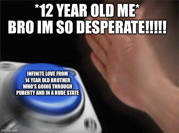 Blank Nut Button Meme | *12 YEAR OLD ME* BRO IM SO DESPERATE!!!!! INFINITE LOVE FROM 14 YEAR OLD BROTHER WHO’S GOING THROUGH PUBERTY AND IN A RUDE STATE | image tagged in memes,blank nut button | made w/ Imgflip meme maker
