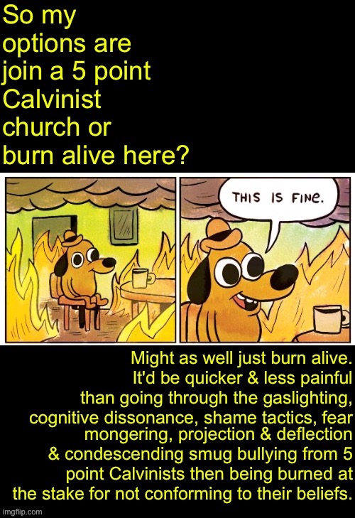 Burn To Death Now Or Later | image tagged in calvinism,calvinist memes,reformed theology,anti calvinist,burning,christians christianity | made w/ Imgflip meme maker