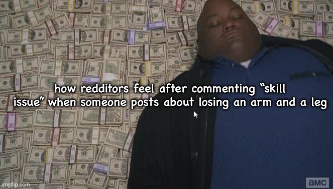 i hate people who do this | how redditors feel after commenting “skill issue” when someone posts about losing an arm and a leg | image tagged in fat guy in money | made w/ Imgflip meme maker