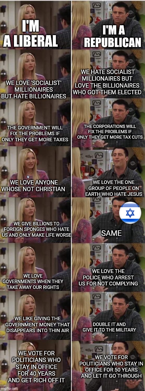 I'M A LIBERAL; I'M A REPUBLICAN; WE HATE SOCIALIST MILLIONAIRES BUT LOVE THE BILLIONAIRES WHO GOT THEM ELECTED; WE LOVE 'SOCIALIST' MILLIONAIRES BUT HATE BILLIONAIRES; THE CORPORATIONS WILL FIX THE PROBLEMS IF ONLY THEY GET MORE TAX CUTS; THE GOVERNMENT WILL FIX THE PROBLEMS IF ONLY THEY GET MORE TAXES; WE LOVE THE ONE GROUP OF PEOPLE ON EARTH WHO HATE JESUS; WE LOVE ANYONE WHOSE NOT CHRISTIAN; WE GIVE BILLIONS TO FOREIGN SPONGES WHO HATE US AND ONLY MAKE LIFE WORSE; SAME; WE LOVE THE POLICE WHO ARREST US FOR NOT COMPLYING; WE LOVE GOVERNMENTS WHEN THEY TAKE AWAY OUR RIGHTS; WE LIKE GIVING THE GOVERNMENT MONEY THAT DISAPPEARS INTO THIN AIR; DOUBLE IT AND GIVE IT TO THE MILITARY; WE VOTE FOR POLITICIANS WHO STAY IN OFFICE FOR 50 YEARS AND LET IT GO THROUGH; WE VOTE FOR POLITICIANS WHO STAY IN OFFICE FOR 40 YEARS AND GET RICH OFF IT | image tagged in phoebe joey | made w/ Imgflip meme maker