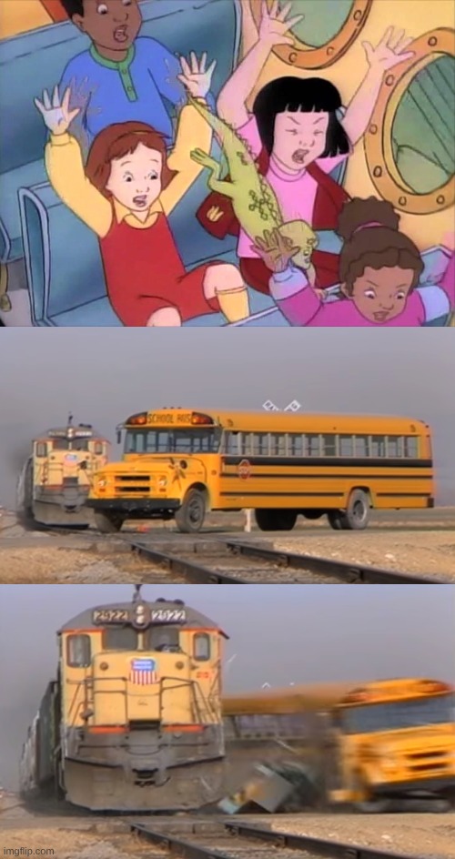 W da friz? No way | image tagged in a train hitting a school bus | made w/ Imgflip meme maker