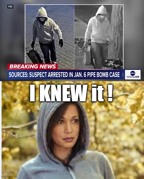 (Nobody could find the bitch on Jan 6) | I KNEW it ! | image tagged in kamala pipe bomber meme | made w/ Imgflip meme maker