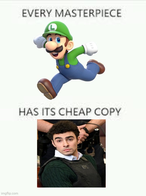 Luigi vs Luigi Mangione | image tagged in every masterpiece has its cheap copy,gaming,luigi,memes,super mario,luigi mangione | made w/ Imgflip meme maker