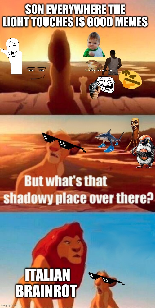 Simba Shadowy Place Meme | SON EVERYWHERE THE LIGHT TOUCHES IS GOOD MEMES; ITALIAN BRAINROT | image tagged in memes,simba shadowy place | made w/ Imgflip meme maker