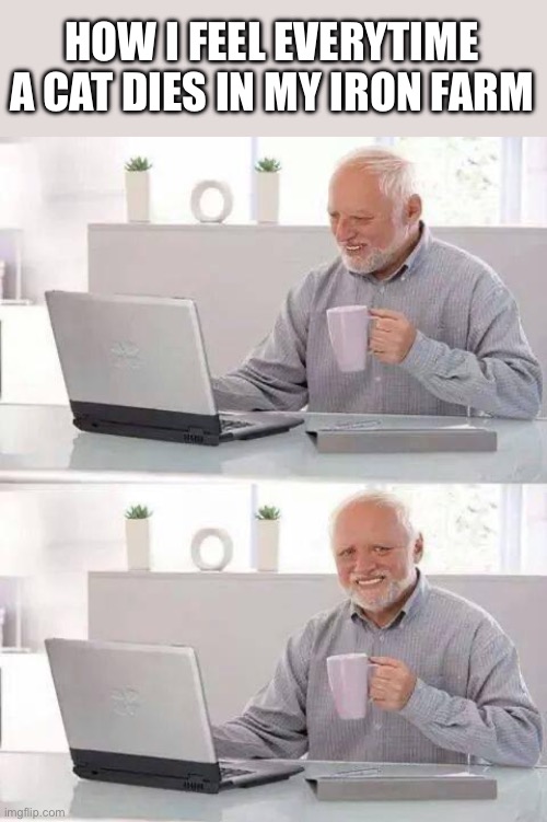 Hide the Pain Harold | HOW I FEEL EVERYTIME A CAT DIES IN MY IRON FARM | image tagged in memes,hide the pain harold | made w/ Imgflip meme maker
