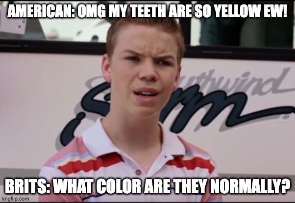nice title :D | AMERICAN: OMG MY TEETH ARE SO YELLOW EW! BRITS: WHAT COLOR ARE THEY NORMALLY? | image tagged in you guys are getting paid | made w/ Imgflip meme maker