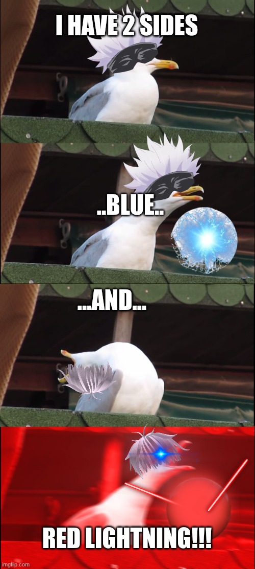 Inhaling Seagull Meme | I HAVE 2 SIDES; ..BLUE.. ...AND... RED LIGHTNING!!! | image tagged in memes,inhaling seagull | made w/ Imgflip meme maker