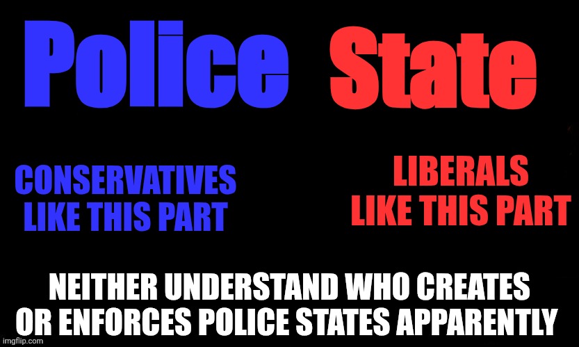 The Blue | Police; State; LIBERALS LIKE THIS PART; CONSERVATIVES LIKE THIS PART; NEITHER UNDERSTAND WHO CREATES OR ENFORCES POLICE STATES APPARENTLY | image tagged in the blue | made w/ Imgflip meme maker