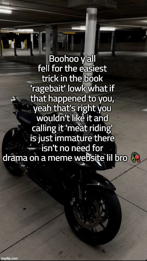 Boohoo y'all fell for the easiest trick in the book 'ragebait' lowk what if that happened to you, yeah that's right you wouldn't like it and calling it 'meat riding' is just immature there isn't no need for drama on a meme website lil bro 🥀 | made w/ Imgflip meme maker