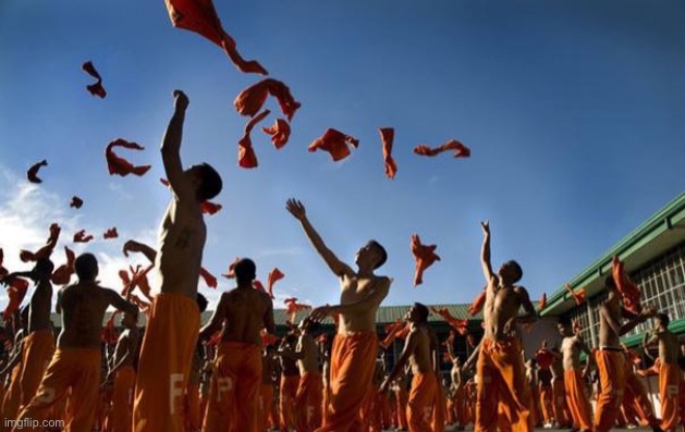 Convicts in Orange Jumpsuits Celebrating | image tagged in convicts in orange jumpsuits celebrating | made w/ Imgflip meme maker