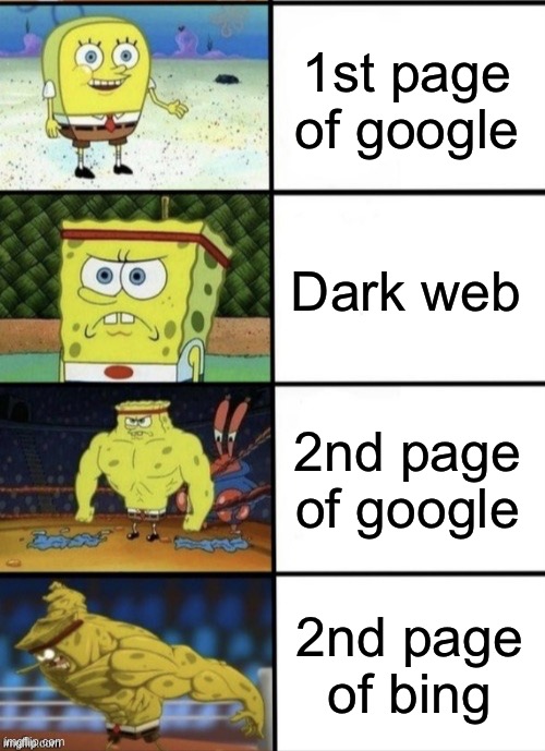 SpongeBob Strength | 1st page of google; Dark web; 2nd page of google; 2nd page of bing | image tagged in spongebob strength | made w/ Imgflip meme maker