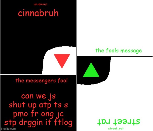 street rat n cinnabruh announcement | can we js shut up atp ts s pmo fr ong jc stp drggin it ftlog | image tagged in street rat n cinnabruh announcement | made w/ Imgflip meme maker