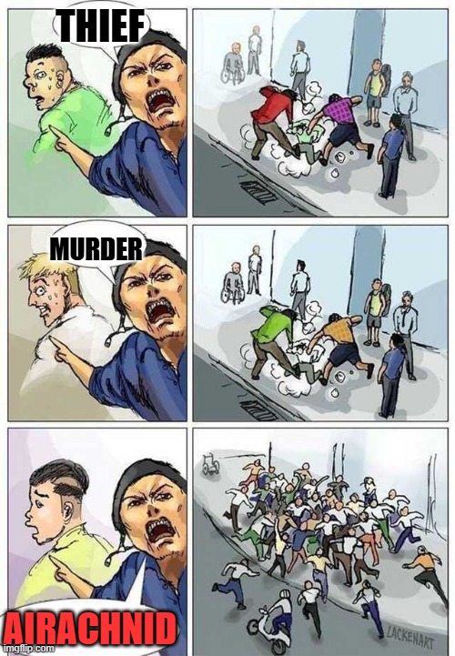 ADMIT IT: you would help beat her up | THIEF; MURDER; AIRACHNID | image tagged in thief murderer | made w/ Imgflip meme maker