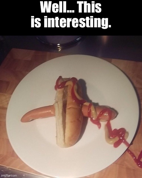 Well That's Interesting | Well... This is interesting. | image tagged in hot dogs,what a terrible day to have eyes,excuse me wtf,cursed images,what the hell happened here,interesting | made w/ Imgflip meme maker