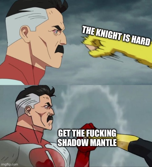 Bro | THE KNIGHT IS HARD; GET THE FUCKING SHADOW MANTLE | image tagged in omni man blocks punch | made w/ Imgflip meme maker