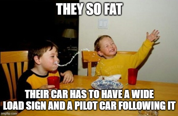 THEY SO FAT THEIR CAR HAS TO HAVE A WIDE LOAD SIGN AND A PILOT CAR FOLLOWING IT | image tagged in memes,yo mamas so fat | made w/ Imgflip meme maker