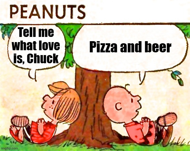 Pizza and Beer | Pizza and beer; Tell me what love is, Chuck | image tagged in peanuts charlie brown peppermint patty | made w/ Imgflip meme maker