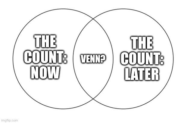 Count von Count does Venn diagrams | THE COUNT:
LATER; THE COUNT:
NOW; VENN? | image tagged in venn diagram,the count,sesame street,wordplay | made w/ Imgflip meme maker