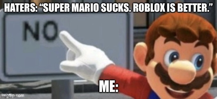 True | HATERS: “SUPER MARIO SUCKS. ROBLOX IS BETTER.”; ME: | image tagged in mario no sign | made w/ Imgflip meme maker