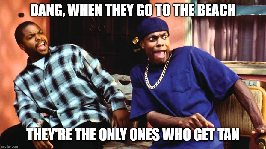 last friday damn | DANG, WHEN THEY GO TO THE BEACH THEY'RE THE ONLY ONES WHO GET TAN | image tagged in last friday damn | made w/ Imgflip meme maker