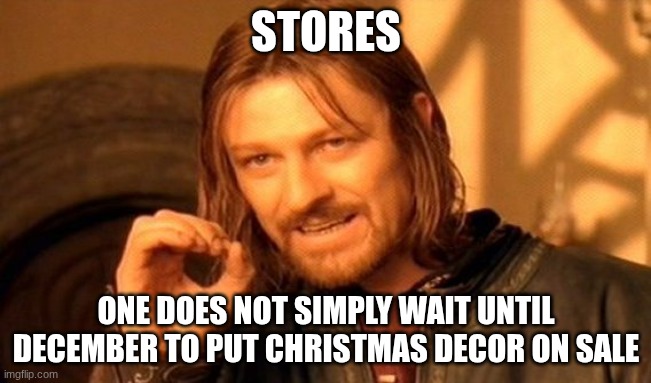 One Does Not Simply Meme | STORES; ONE DOES NOT SIMPLY WAIT UNTIL DECEMBER TO PUT CHRISTMAS DECOR ON SALE | image tagged in memes,one does not simply | made w/ Imgflip meme maker