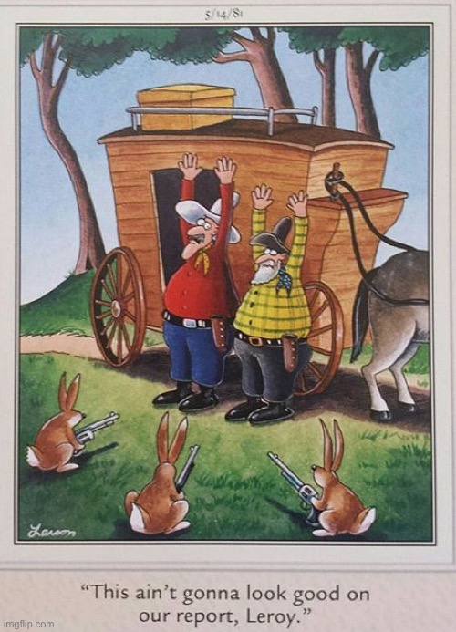 The rabbits thought they were transporting “carrots”, not “carats”… | image tagged in the far side,stagecoach,robbery,rabbits with guns | made w/ Imgflip meme maker