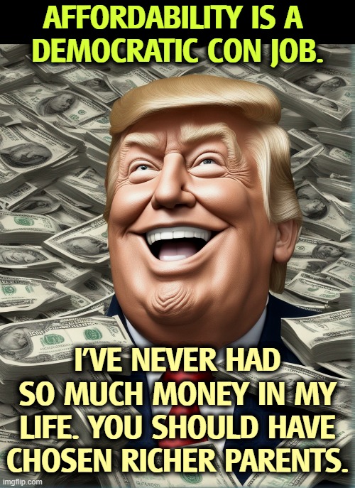 If you have money troubles, that doesn't touch me. | AFFORDABILITY IS A 
DEMOCRATIC CON JOB. I'VE NEVER HAD SO MUCH MONEY IN MY LIFE. YOU SHOULD HAVE CHOSEN RICHER PARENTS. | image tagged in trump affordability cost of living democratic con job,trump,rich,selfish,senile dementia,cost of living | made w/ Imgflip meme maker
