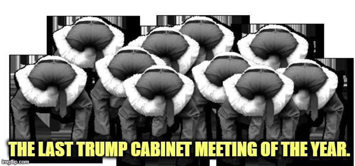 Shh, don't wake Donnie! | THE LAST TRUMP CABINET MEETING OF THE YEAR. | image tagged in head up ass,trump,white house,jerks,idiots,incompetence | made w/ Imgflip meme maker