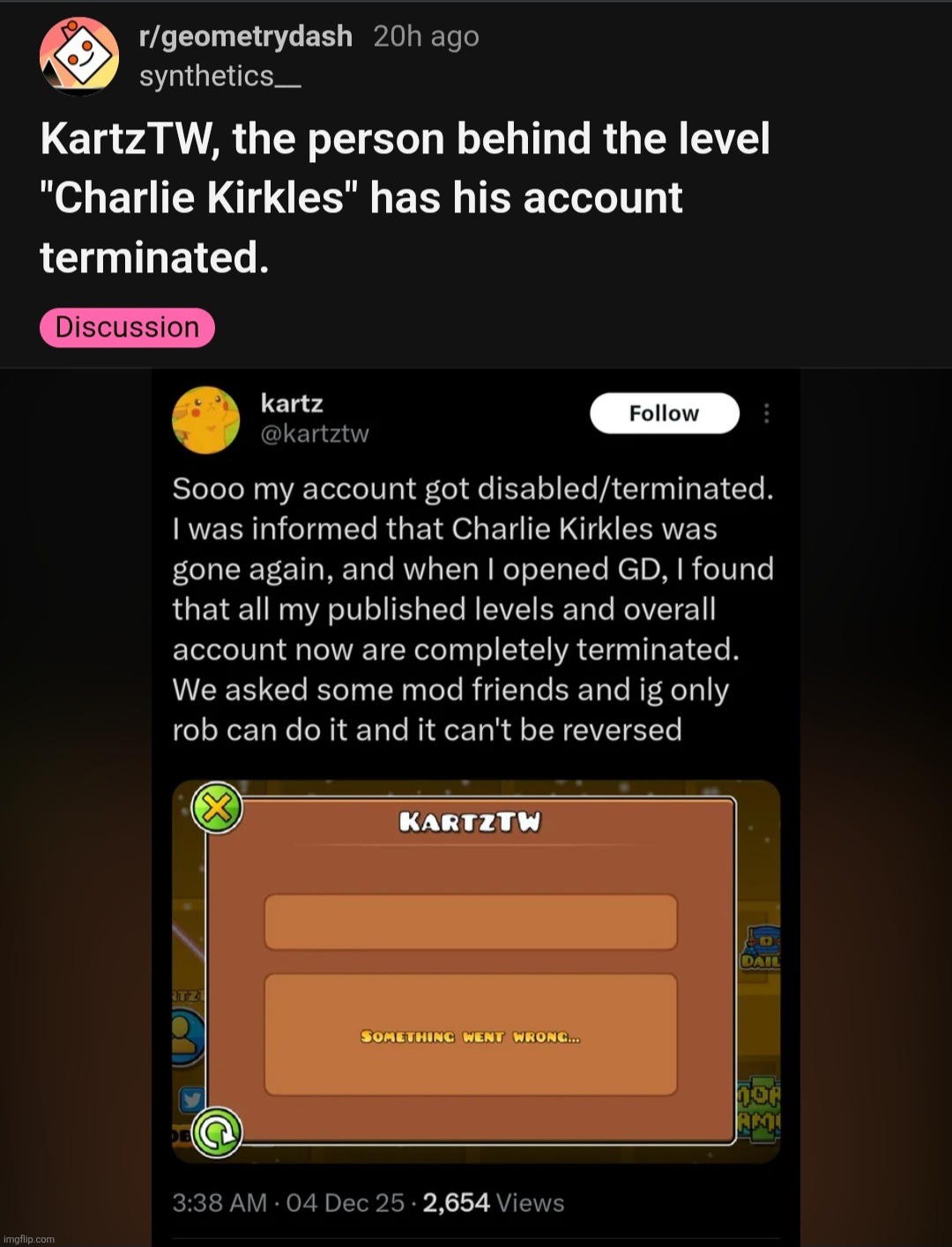 he got his account deleted for making a Charlie Kirk themed level | made w/ Imgflip meme maker