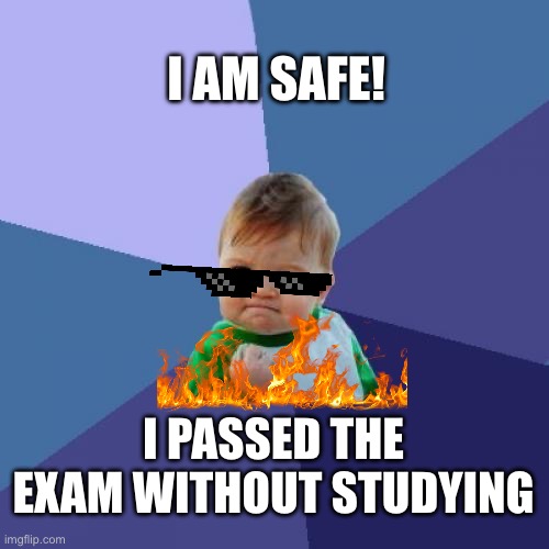 I passed ?☠️ | I AM SAFE! I PASSED THE EXAM WITHOUT STUDYING | image tagged in memes,success kid | made w/ Imgflip meme maker