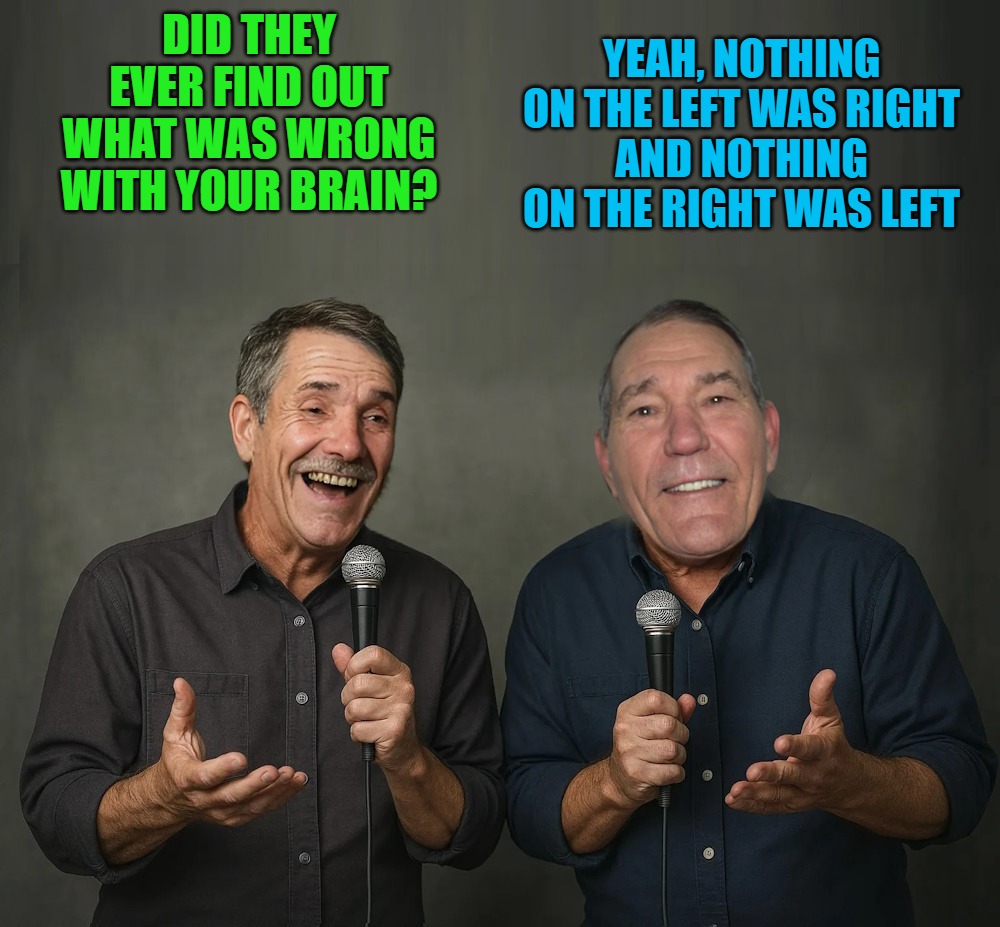 YEAH, NOTHING ON THE LEFT WAS RIGHT
AND NOTHING ON THE RIGHT WAS LEFT; DID THEY EVER FIND OUT WHAT WAS WRONG WITH YOUR BRAIN? | made w/ Imgflip meme maker