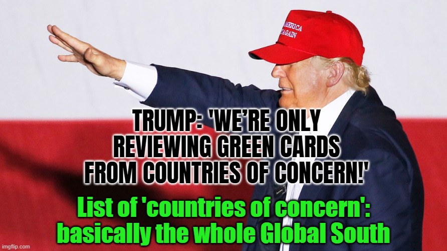 WHEN YOUR 'MAKE AMERICA GREAT AGAIN' PLAN STARTS LOOKING SUSPICIOUSLY FAMILIAR FROM A 1940S HISTORY BOOK | TRUMP: 'WE’RE ONLY REVIEWING GREEN CARDS FROM COUNTRIES OF CONCERN!'; List of 'countries of concern': basically the whole Global South | image tagged in trump nazi salute,fascism,donald trump,history memes,immigration,national security | made w/ Imgflip meme maker