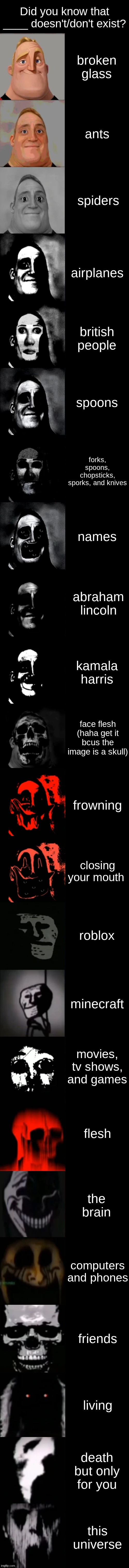 Mr. Incredible Becoming Uncanny Extended HD | Did you know that ____ doesn't/don't exist? broken glass; ants; spiders; airplanes; british people; spoons; forks, spoons, chopsticks, sporks, and knives; names; abraham lincoln; kamala harris; face flesh (haha get it bcus the image is a skull); frowning; closing your mouth; roblox; minecraft; movies, tv shows, and games; flesh; the brain; computers and phones; friends; living; death but only for you; this universe | image tagged in mr incredible becoming uncanny extended hd | made w/ Imgflip meme maker