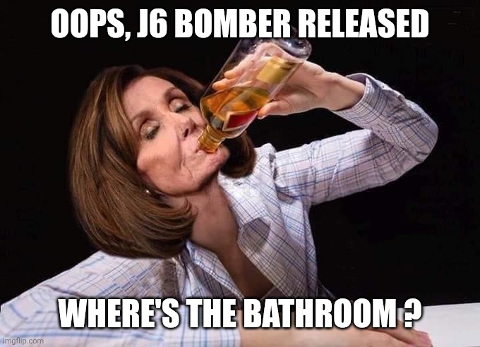Nancy pelosi drinking booze | OOPS, J6 BOMBER RELEASED WHERE'S THE BATHROOM ? | image tagged in nancy pelosi drinking booze | made w/ Imgflip meme maker