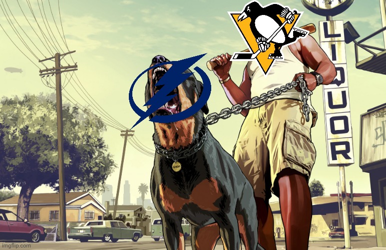 Penguin 4 - 3 Lightning | image tagged in gta 5 franklin and his dog chop,pittsburgh penguins,tampa bay lightning | made w/ Imgflip meme maker