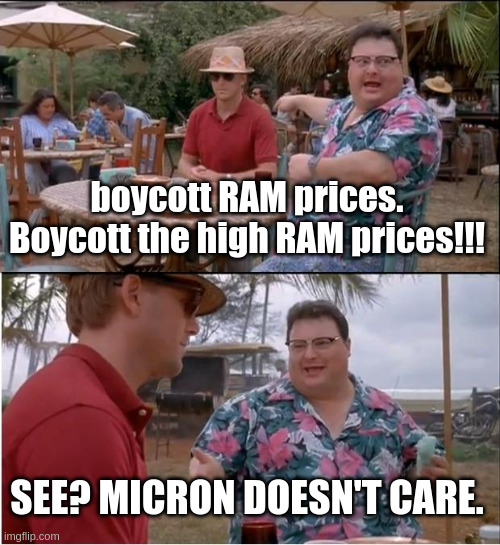 like gamers influence the AI racket | boycott RAM prices. Boycott the high RAM prices!!! SEE? MICRON DOESN'T CARE. | image tagged in memes,see nobody cares | made w/ Imgflip meme maker