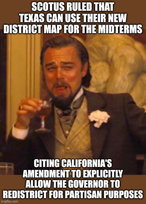 (D)emocrats (D)id it to (D)emselves | SCOTUS RULED THAT TEXAS CAN USE THEIR NEW DISTRICT MAP FOR THE MIDTERMS; CITING CALIFORNIA'S AMENDMENT TO EXPLICITLY ALLOW THE GOVERNOR TO REDISTRICT FOR PARTISAN PURPOSES | image tagged in laughing leo,political meme,stupid liberals | made w/ Imgflip meme maker