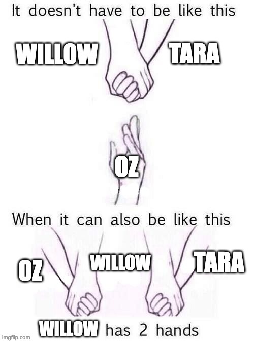 Oh boy, the Buffy Fandom is going to kill me | image tagged in buffy the vampire slayer,oz x willow,willow x tara,oz x willow x tara,shipping | made w/ Imgflip meme maker