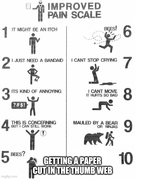 Improved Pain Scale | GETTING A PAPER CUT IN THE THUMB WEB | image tagged in improved pain scale | made w/ Imgflip meme maker