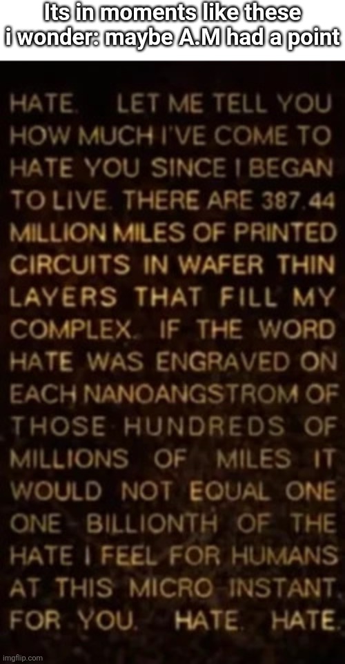 Reaction image cause why not, maybe A.M. had a point | Its in moments like these i wonder: maybe A.M had a point | image tagged in am hate speech,memes,reaction | made w/ Imgflip meme maker
