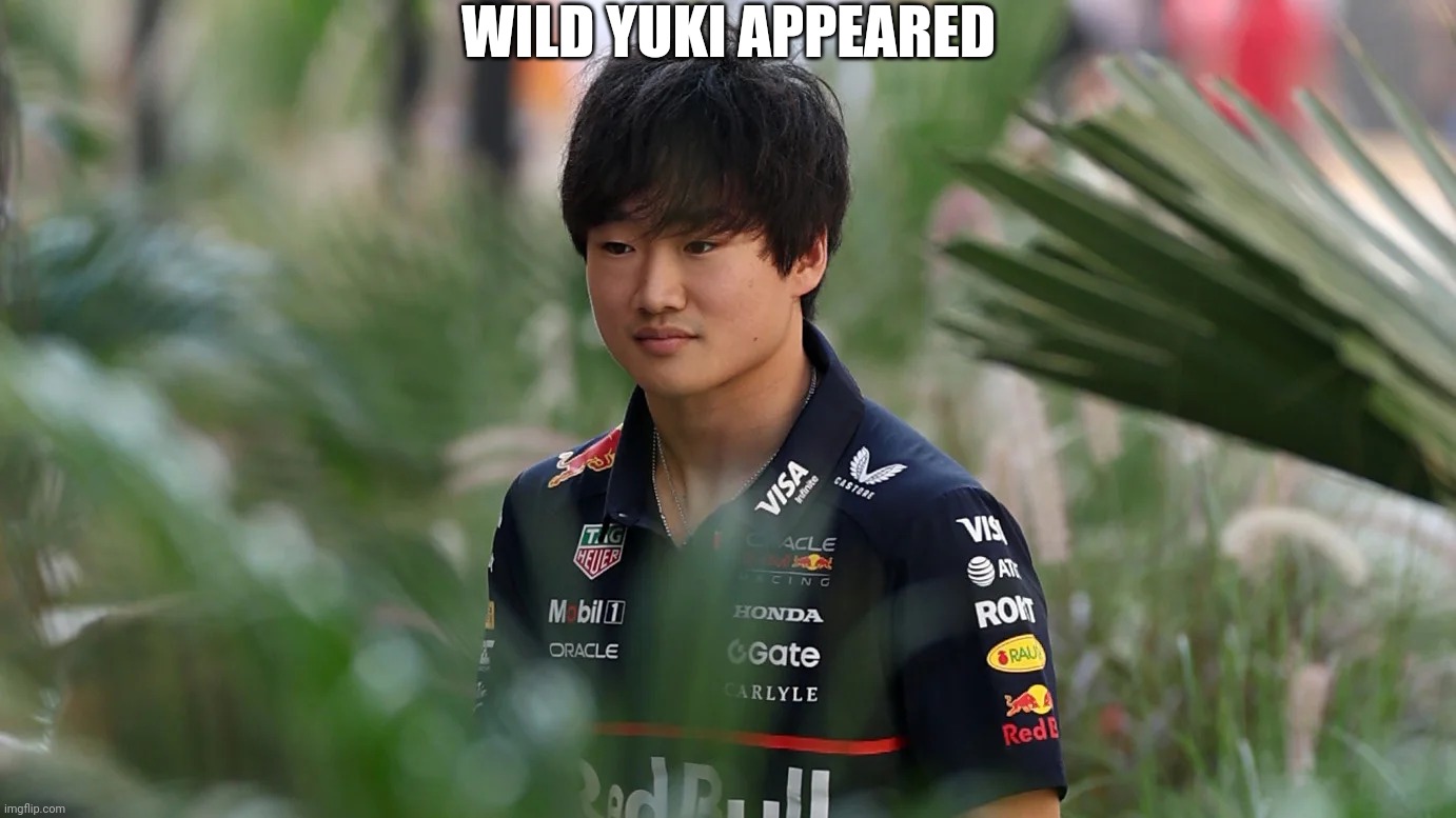 WILD YUKI APPEARED | image tagged in formula 1,red bull,driver,japanese | made w/ Imgflip meme maker