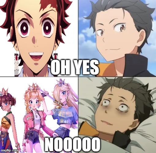 subaru and the demon slayers | OH YES; NOOOOO | image tagged in natsuki subaru yes no,demon slayer,kpop demon hunters,crossover memes,re zero,anime memes | made w/ Imgflip meme maker