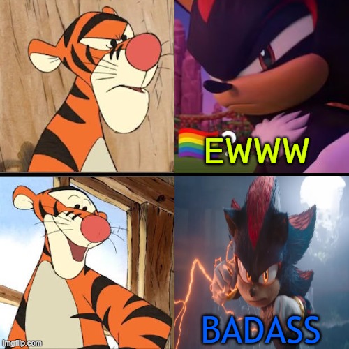 tigger and shadow the hedgehog | EWWW; BADASS | image tagged in tigger drake,sonic the hedgehog,shadow the hedgehog,video games,sega,gaming | made w/ Imgflip meme maker