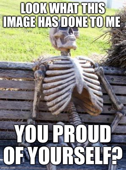 LOOK WHAT THIS IMAGE HAS DONE TO ME YOU PROUD OF YOURSELF? | image tagged in memes,waiting skeleton | made w/ Imgflip meme maker