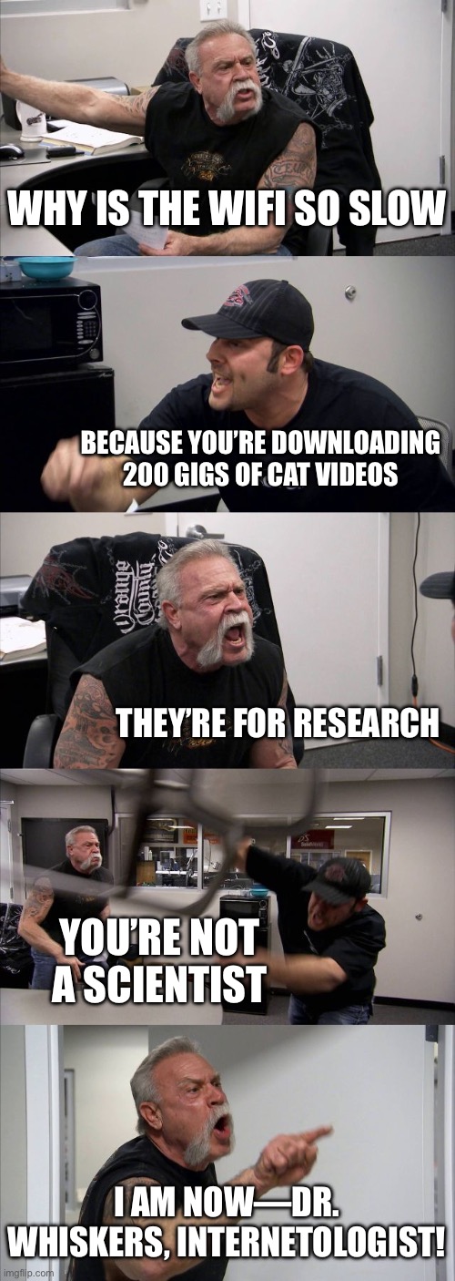 DR. WHISKERS, INTERNETOLOGIST! | WHY IS THE WIFI SO SLOW; BECAUSE YOU’RE DOWNLOADING 200 GIGS OF CAT VIDEOS; THEY’RE FOR RESEARCH; YOU’RE NOT A SCIENTIST; I AM NOW—DR. WHISKERS, INTERNETOLOGIST! | image tagged in memes,american chopper argument,cats,research,videos,wifi | made w/ Imgflip meme maker