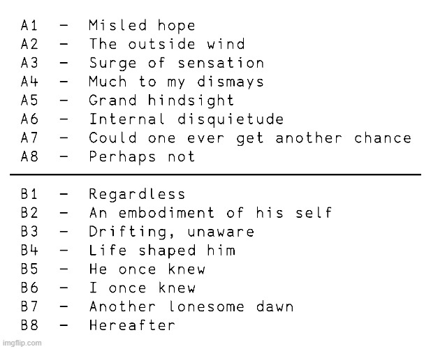 OK WHATEVER NEW ALBUM IN THE WORKS WHO CARES anyway what do we think about the track titles, | made w/ Imgflip meme maker