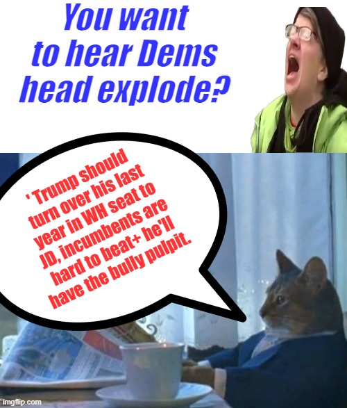 Trump has done enough, they tried to kill him twice, time to set up the next warrior to fight the enemies within. | You want to hear Dems head explode? ' Trump should turn over his last year in WH seat to JD, incumbents are hard to beat+ he'll have the bully pulpit. | image tagged in memes,i should buy a boat cat | made w/ Imgflip meme maker