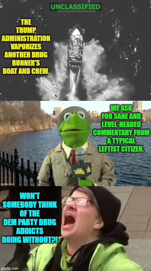 Fair play to them.  No doubt the street cost of some illegal drugs is skyrocketing. | THE TRUMP ADMINISTRATION VAPORIZES ANOTHER DRUG RUNNER'S BOAT AND CREW. WE ASK FOR SANE AND LEVEL-HEADED COMMENTARY FROM A TYPICAL LEFTIST CITIZEN. WON'T SOMEBODY THINK OF THE DEM PARTY DRUG ADDICTS DOING WITHOUT?! | image tagged in yep | made w/ Imgflip meme maker