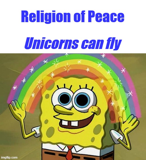 If Sponge Bob says it, it must be true. But remember BOB is a sponge. | Religion of Peace; Unicorns can fly | image tagged in memes,imagination spongebob | made w/ Imgflip meme maker