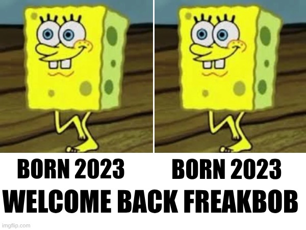 BORN 2023; BORN 2023; WELCOME BACK FREAKBOB | image tagged in freakbob,freak | made w/ Imgflip meme maker
